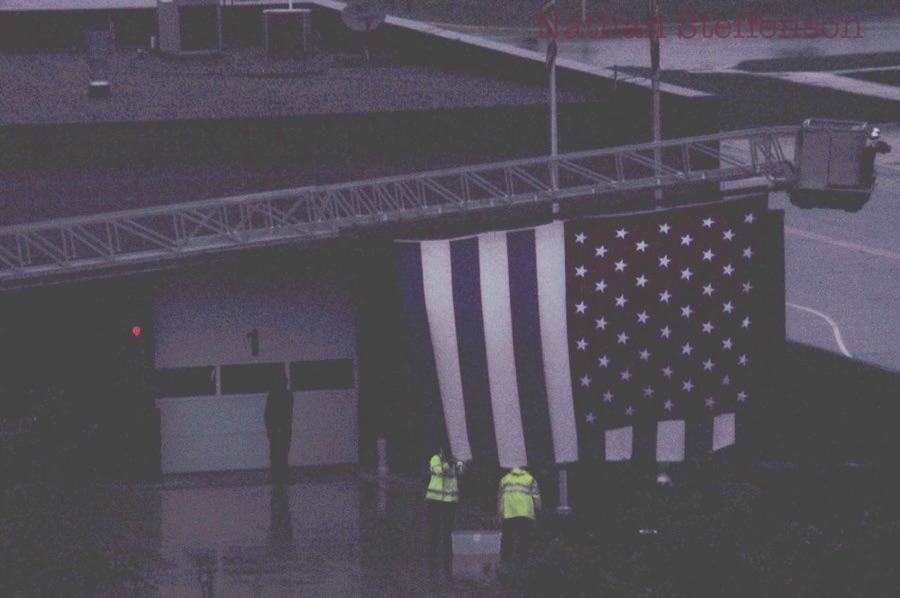 large usa flag in front of Brainerd fire station